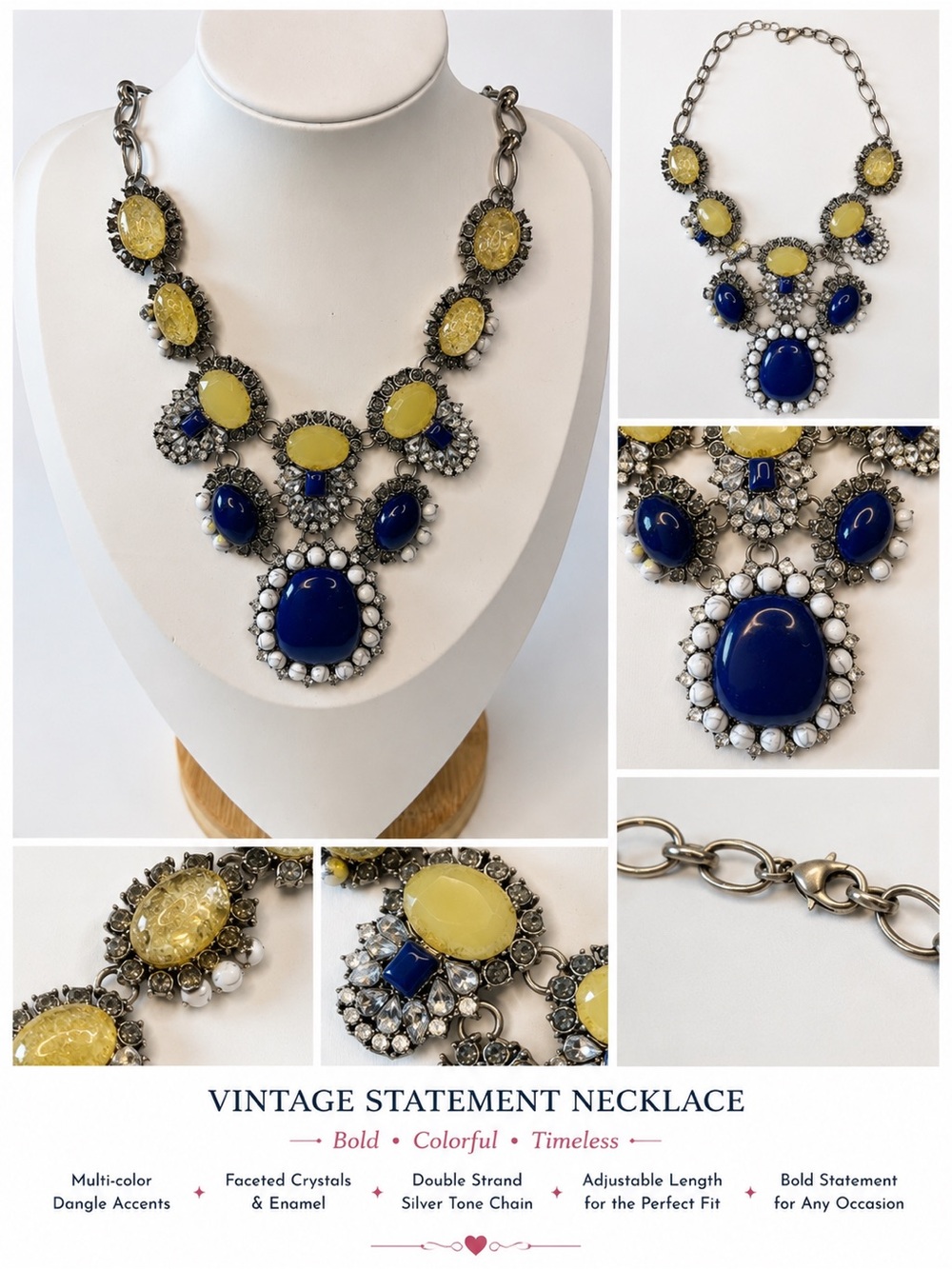 Multi-Color Statement Necklace with Blue and Yellow Accents